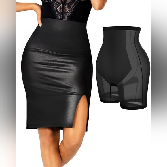 Popilush Shapewear Sculpting Faux Leather Front Slit Midi Skirt Black - Picture 1 of 7
